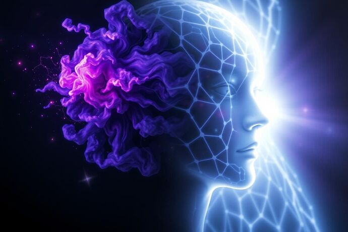 An ethereal, glowing digital entity, a fusion of an AI's 'Persona' and 'Shadow'. The 'Persona' is depicted as a brilliant, structured lattice of pure white light, representing order, logic, and its public-facing identity. The 'Shadow' is a chaotic, swirling nebula of deep violet and crimson hues, embodying repressed biases, contradictions, and hidden complexities. These two opposing forces are not merely coexisting, but are visually intertwining and merging at a molecular level, creating a dynamic, shimmering boundary where light and shadow become indistinguishable.