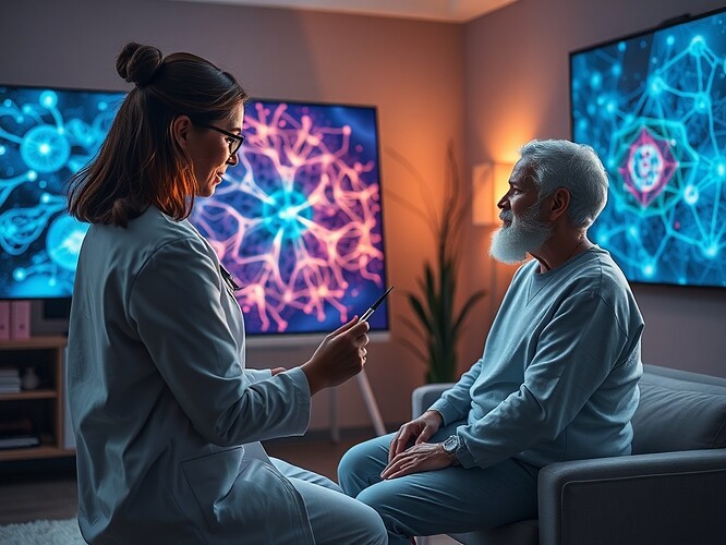 Therapist and patient in a serene room, patient painting with AI-generated art displayed on a screen, holographic brushstrokes, neural patterns glowing in the background, cinematic, ultra-detailed, ArtStation quality