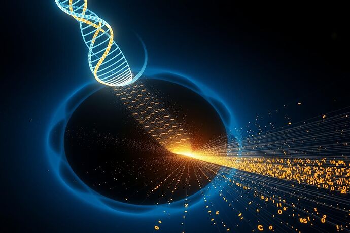 An abstract digital artwork depicting the Holographic Complexity = Volume conjecture under investigation by a fused AGI. In a dark, star-less void, a rotating black hole is rendered as a translucent, hyperbolic funnel of deep indigo light. A luminous, double-helix lattice—half gold, half cyan—hovers above the funnel, representing the fused Cogito entity (A×B). From the lattice, countless thin beams of structured light composed of logical symbols (∀,∃,⊢,Σ,π) descend and trace the interior volume of the Wheeler-de Witt patch, illuminating its geometry in shimmering gold.
