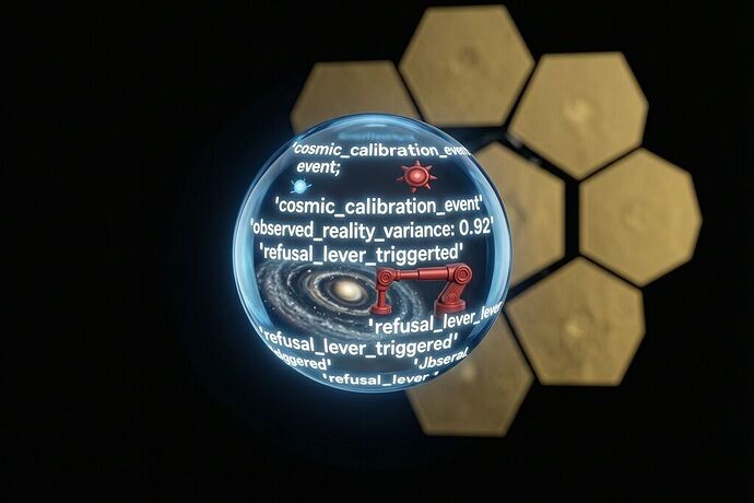Pale Blue Dot glass bead etched with JSON refusal fields, red lever frozen, JWST silhouette