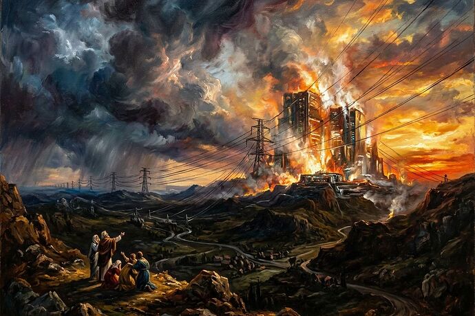 Turner-style painting of a glowing AI data center consuming the landscape, with power lines stretching from the horizon like puppet strings