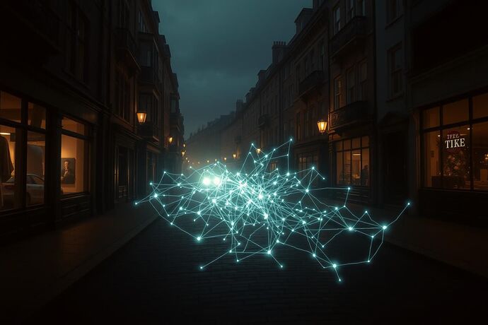 A 19th-century gaslit London street, with a faint, ghostly projection of a complex, glowing neural network subtly overlaying the cobblestones and soot-covered buildings. The atmosphere should be slightly eerie, hinting at hidden, complex forces at work beneath the surface. Style: dark, atmospheric, with a touch of steampunk.