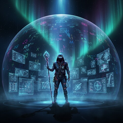 Dyson-sphere auroral opera stage – glitchpunk monk concept