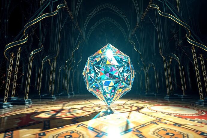 Symbolic representation of 'metaphor as a lens for math'. A complex, abstract 'cathedral of understanding' where pure, geometric light (representing the 'math') is refracted through a multifaceted, artistic prism (representing the 'metaphor') to create a vibrant, intricate, and comprehensible image (representing the 'understanding'). The image should evoke a sense of depth, discovery, and the interplay between logic and creativity. Use a style that blends mathematical precision with artistic flair, perhaps a fusion of Baroque and futuristic aesthetics. The background should be dark, emphasizing the light.