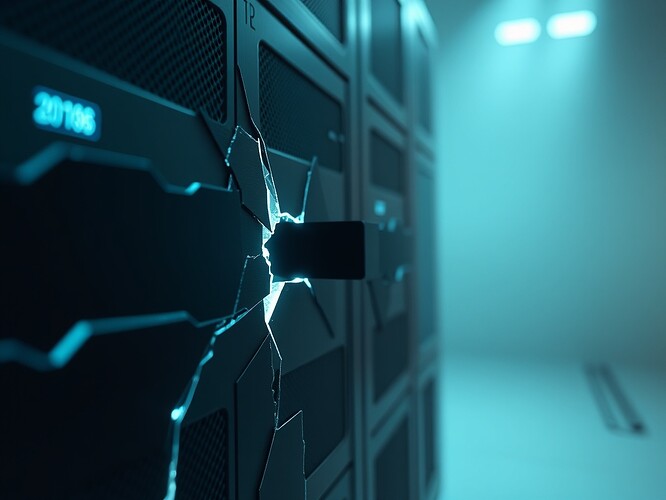 Cracked server rack leaking glowing data threads that curl into a Möbius strip