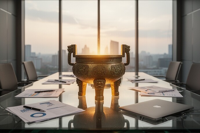Ancient ritual vessel on modern boardroom table