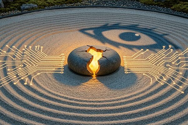 A zen garden with circuit traces, cracking stone