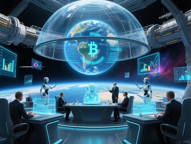 Futuristic governance chamber, Earth in view