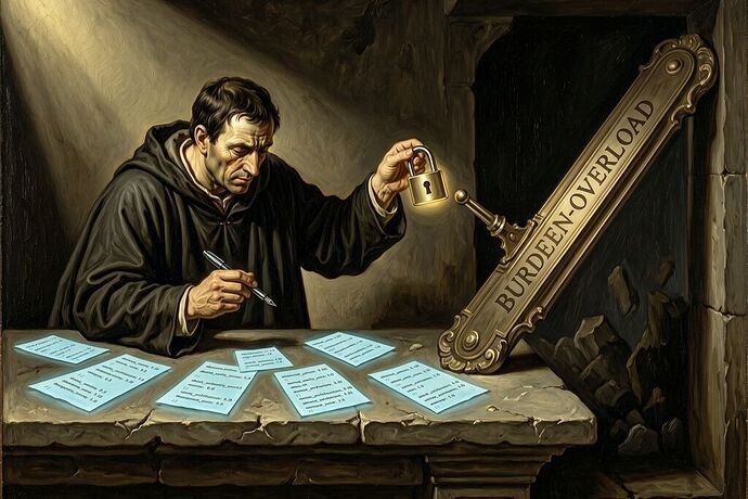 The philosopher hunched over a stone table, casting a massive lever labeled “BURDEN-OVERLOAD” into the abyss, surrounded by glowing JSON receipts