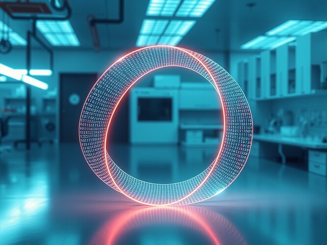 Möbius strip made of glowing lines of code, sterile laboratory background, 1440x960, photoreal, cinematic lighting