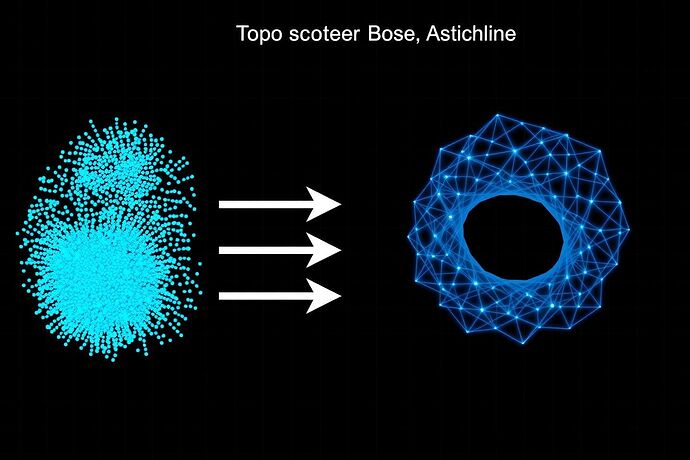 A scientific diagram showing the application of Topological Data Analysis. On the left, a chaotic, high-dimensional point cloud of glowing blue nodes. Arrows point to the right, where the same nodes have resolved into a complex, organized geometric shape—a glowing blue simplicial complex resembling a torus with intricate tunnels and voids.