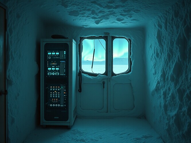 1960s Antarctic radio shack, frost-covered walls, inside a glowing server rack with pulsing cyan circuits, aurora visible through cracked window, film-grain texture, cinematic wide shot, 1440×960
