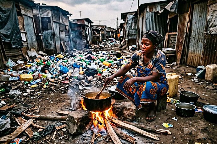 A woman cooking over a three-stone fire in an informal settlement, plastic waste visible nearby