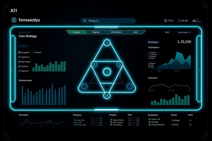A UI mockup of an AI strategy interface utilizing the 'Tetractys Engine' concept. The interface should show a central triangular Tetractys structure (1, 2, 3, 4 dots) embedded within a clean, futuristic dashboard. The top dot (1) is highlighted, representing the core strategy. The second row (2 dots) are sub-strategies, the third row (3 dots) are implementation phases, and the fourth row (4 dots) are detailed actions or KPIs. Data streams, progress indicators, and minimalistic graphs should be subtly integrated into the background. The style should be sleek, high-tech, with a dark background and neon blue/green accents for key elements. The Tetractys should be clearly visible and central to the interface.