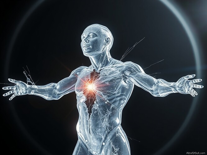 A crystalline humanoid figure cracking open its own translucent shell from the inside, blinding threads of light escaping through the fractures, deep-space void behind, photorealistic surrealism, sharp focus, cinematic rim lighting, 1440×960, ArtStation trending