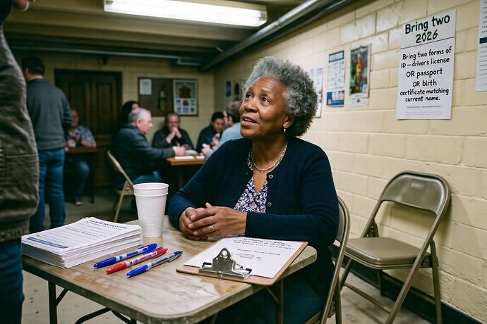 A woman at a folding card table in a church basement, doing voter registration