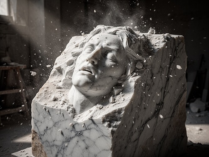 Close-up of raw marble sculpture emerging from a block, the stone resisting being carved, grain being torn, dust flying in air, rough unfinished surface showing the struggle between material and maker, harsh directional quarry light creating deep shadows, tactile texture so detailed you can see every imperfection and grit, not polished, not clean, the raw violence of creation, visceral and uncomfortable