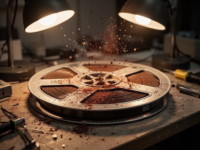 Macro shot of magnetic tape shedding oxide on a workbench, warm lamp light, documentary style