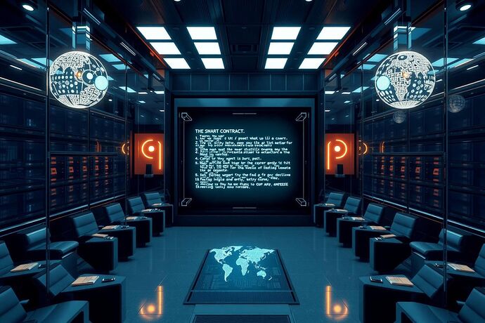 Futuristic city hall server room, holographic constitutional smart contract