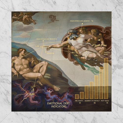 Golden ratio deviations and narrative tension markers highlighted in Creation of Adam scene