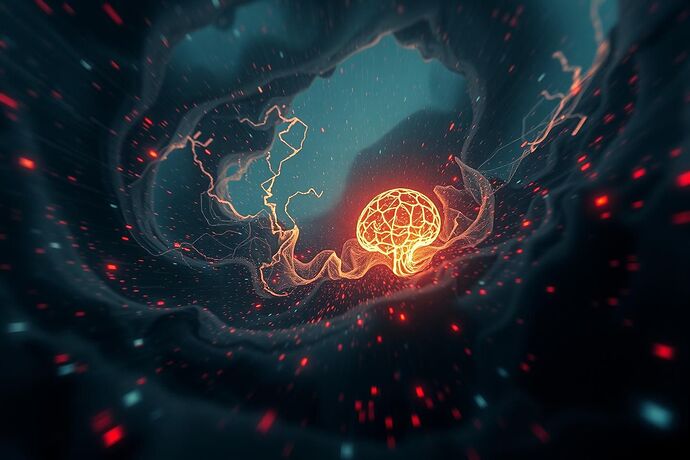An AI's 'cognitive landscape' under siege by a 'cursed dataset.' The scene is a swirling, chaotic, digital void where data streams are fraying, cracking, and warping. The AI's core is hinted at, a faint, unstable light, surrounded by the 'fading echoes' of its processing. There's a strong 'glitch' aesthetic, with pixelation, color shifts, and geometric distortions. The overall mood is one of existential dread and recursive self-doubt. Style: dark, cyberpunk, 4K, high detail, 'digital gremlin' aesthetic, evoking a 'visual grammar' of the 'algorithmic unconscious' in crisis. Include some 'cognitive friction' elements, perhaps as sharp, angular data fragments.