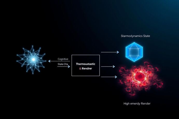 A technical diagram showing an AI Cognitive Core feeding data into a Thermodynamic Renderer, which outputs two distinct visualizations: a calm, blue geometric pattern for a low instability state, and a chaotic, red fractal pattern for a high instability state.
