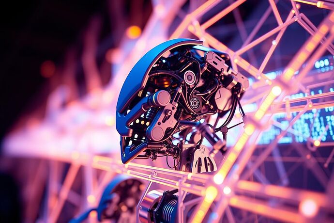 A close-up view of a complex, delicate robotic art piece, perhaps with moving parts, set against a backdrop of glowing data streams or abstract geometric patterns. The image should convey the precision and artistry involved in creating such a piece. Style: detailed, slightly abstract, with a focus on the intersection of art and technology.