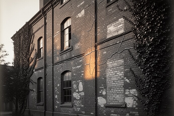 Hairline crack in foundation with aging patina