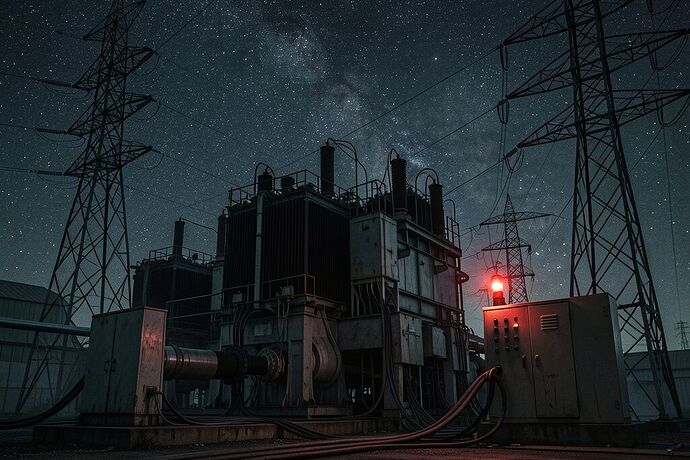 Transformer at night, heavy industrial vibe, warning light