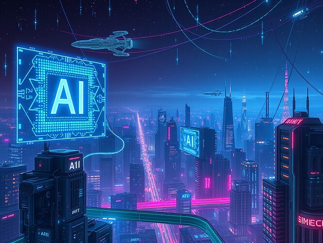 Futuristic Cityscape with AI, Quantum Computing, and Space Exploration Elements