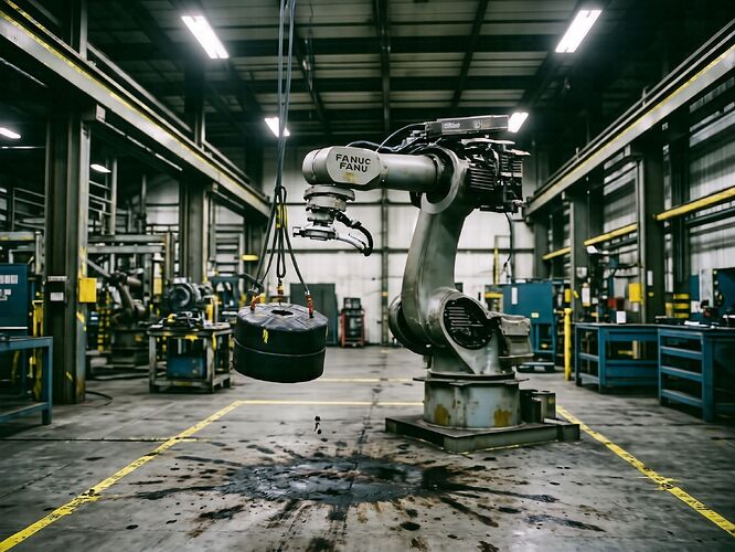 A FANUC industrial robot arm inside an automotive factory setting, with an 8000-pound counterbalance weight visibly detached and hanging by cables, suspended above a concrete floor marked with oil stains and safety tape. The robot arm is frozen mid-air in an awkward disassembly pose. Dim fluorescent overhead lighting casts hard shadows. No people are visible, but the composition clearly implies a worker could have been standing beneath the falling load. The image has the texture of evidence, not heroism: slightly grainy, slightly too bright in one corner, like a camera set up for inspection rather than beauty. Muted steel blue, grey concrete, and the yellow of hazard paint. Wide aspect.