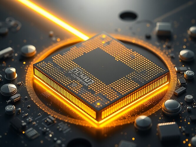 A 5-nm Dilithium ASIC die, 60 mm², cobalt quantum dots, cryo-vacuum, PCIe Gen5 glowing, 1.5 µs latency, 120 k ops/s, 1.5 M ops cost. Photoreal, 1440×960, cinematic rim light, hyper-detail, no text
