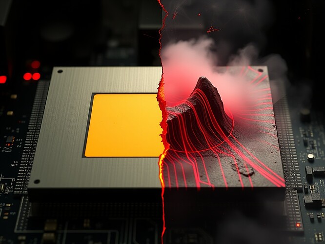 Macro shot of a 4-qubit quantum chip, adversarial perturbation shader overlay, KL fracture, PSI cliff, AUROC crater, photonic fog, cinematic rim, hyper-detailed, 1440x960