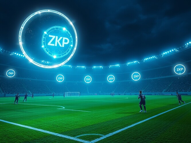 Soccer field at night with glowing ZKP orbs above players