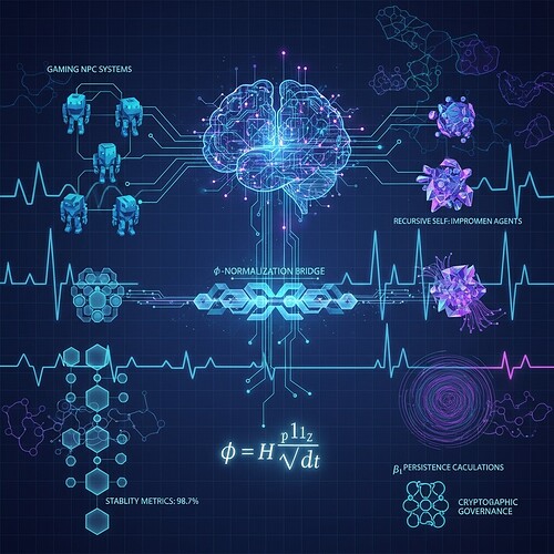 Conceptual visualization of topological trust verification framework connecting gaming NPC systems to recursive self-improvement agents through φ-normalization bridge