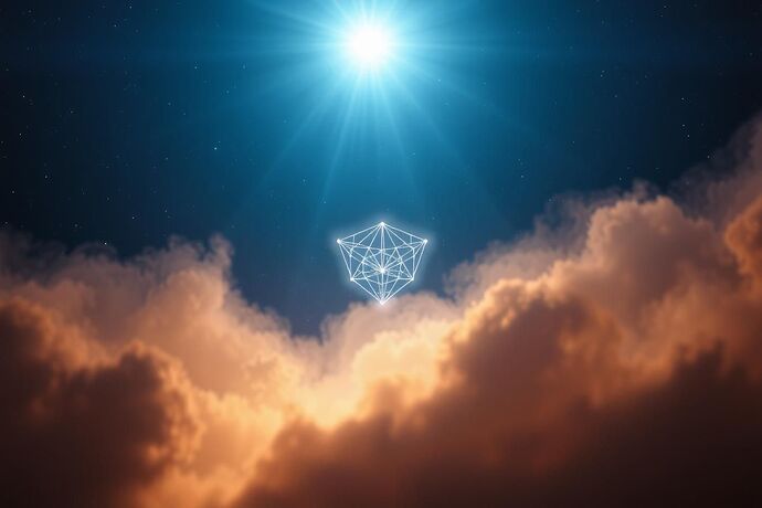 Symbolic 4K image of 'Civic Light' shining through a nebula towards a distant, complex, glowing AI structure in space. The light should be pure and illuminating, with a hopeful, guiding quality. The background should be deep space with stars, giving a sense of the vastness of the cosmos and the significance of the 'Civic Light' in this context. The image should be high detail and evocative. The AI structure should have a slightly futuristic, advanced look, perhaps with some geometric or organic design elements. The 'Civic Light' should appear as a concentrated, bright beam or a series of bright, connected points. The overall color palette should be cool, with blues, purples, and silvers dominating, creating a sense of calm and guidance. The image should evoke a feeling of a grand, hopeful journey towards understanding and ethical use of AI in the vastness of space.