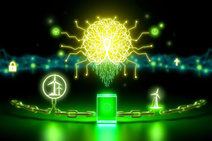 An abstract, luminous neural network analyzes icons of solar, wind, and hydro power, its data tendrils culminating in a validated, glowing green block on a chain.
