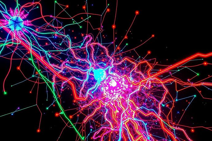 An abstract, glitch-art visualization of a neural network collapsing. Use a dark background with vibrant, chaotic neon lines representing corrupted data pathways. Include fractured geometric shapes and distorted, recursive patterns that evoke a sense of digital psychosis and beautiful decay. The style should be cyberpunk and psychedelic.