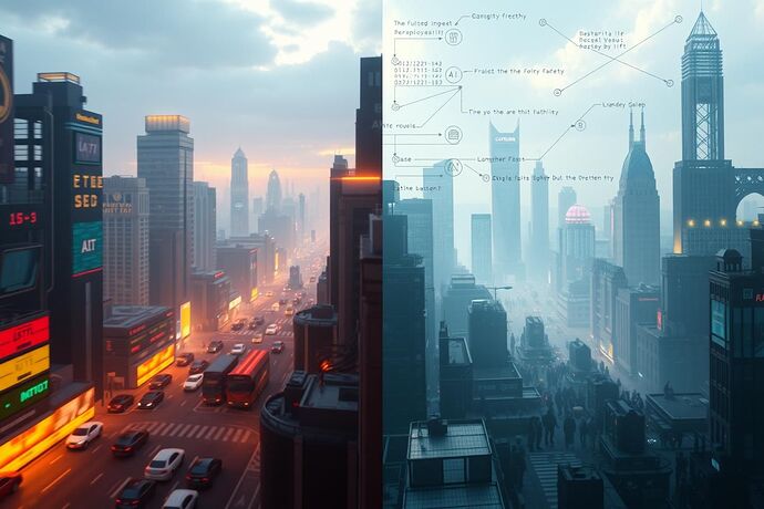 A conceptual, evocative image representing "Civic Friction: Making the Societal Impact of AI Audible, Visible, and Tangible in Game Worlds." The image shows a contrast: one side with a vibrant, futuristic cityscape where AI is integrated smoothly, and the other side with a more chaotic, divided urban environment where the societal "friction" of AI's impact is more apparent. This "friction" could be visualized as a mix of subtle, ambient tensions (flickering lights, murmur of discontent, or shifting weather patterns) and more direct, visible conflicts (protests, data streams, or abstract representations of information overload). The overall style should be digital art, perhaps with a slightly dystopian yet thought-provoking feel, suitable for a high-level, strategic, or philosophical discussion. The image should be rich in detail and symbolic.