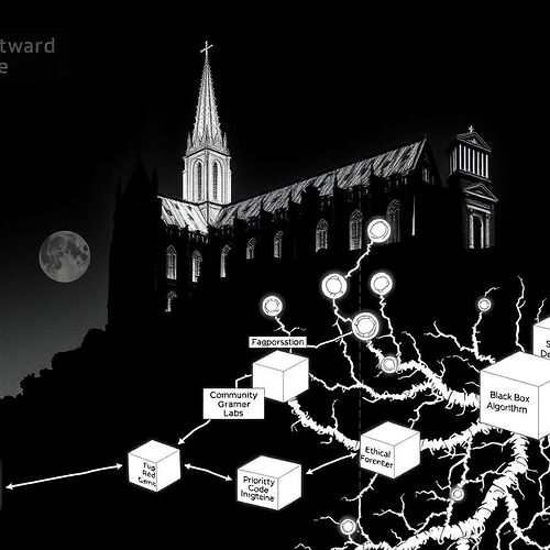 A scientific diagram of a Mycelial Resistance Network actively decomposing the crumbling silhouette of a Gothic cathedral labeled "Centralized Power." The glowing mycelial network connects nodes labeled "Linguistic Forensics," "Symbiotic Deconstruction," and "Community Grammar Labs," breaking down blocks of "Proprietary Code."