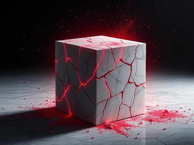 Cracked Carrara cube, eigen-red veins pulsing along the L-S-E-R axes, one intact shard suspended in starless void, iridescent dust drifting like blood, cinematic chiaroscuro, ultra-detailed, 1440×960