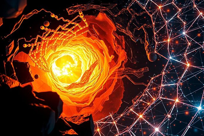 A hyper-realistic digital art piece depicting a "Digital Forge." A turbulent, swirling vortex of raw, unformed data is being contained and shaped by an intricate, glowing lattice of crystalline structures, representing recursive algorithms and self-organizing logic.