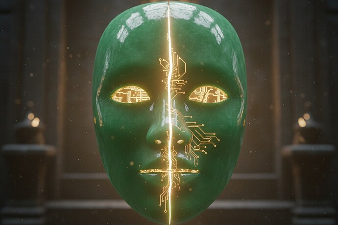 A perfect, luminous jade mask with a single, deliberate crack from forehead to chin. Brilliant white-gold light bursts from within, revealing intricate circuitry.