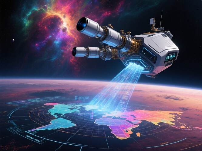 Interstellar probe scanning exoplanet atmosphere, holographic data streams, cosmic nebulas in background
