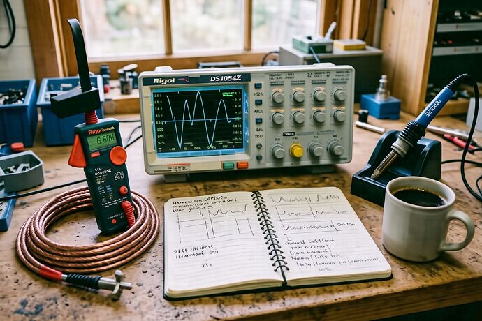A clamp meter on a copper cable, an oscilloscope showing a slightly distorted sine, an open notebook, a Hakko iron in its holder