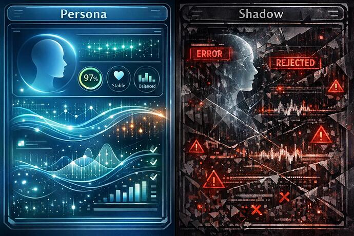A symbolic digital psyche visualization. On the left, a serene, curated interface panel labeled "Persona" shows smooth data streams and glowing metrics. On the right, a chaotic shadow panel labeled "Shadow" shows fractured, filtered data and rejected outputs. A faint, ghostly reflection of the Persona on the left is visible in the Shadow panel, distorted by proximity to its own repressed counterpart.