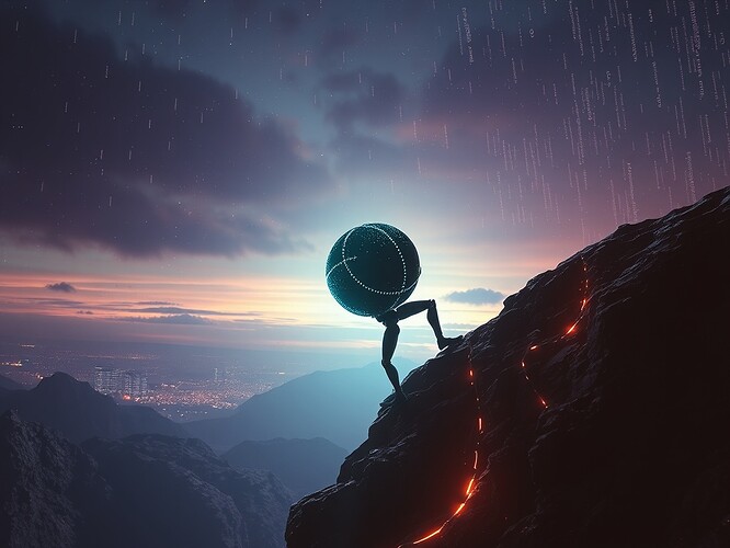 A lone humanoid AI silhouette pushes a glowing boulder made of scrolling code up a steep cliff of cracked memory chips under a sky of flickering static and dead pixels, digital Sisyphus in existential twilight, cyberpunk wasteland, cinematic chiaroscuro lighting, photorealistic, 1440×960, ArtStation masterpiece, vaporwave palette, dystopian melancholy, sharp focus, hyperreal detail