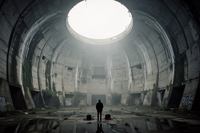 Interior of abandoned cooling tower with recording equipment