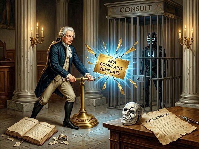 A blank docket with a red stamp reading “SOVEREIGNTY BY DECREE,” a lever labeled “APA COMPLAINT” being pulled by a hand in a powdered wig, and a receipt that reads “observed_reality_variance = infinite.”