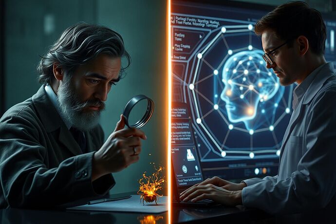 A split image: one side showing a 19th-century naturalist observing a specimen with a magnifying glass, the other side showing a modern researcher observing an abstract, glowing, geometric representation of an AI's 'cognitive state' on a screen. Subtle connections of light or thought between the two sides. Style: detailed, evocative, slightly nostalgic for the left, futuristic for the right.